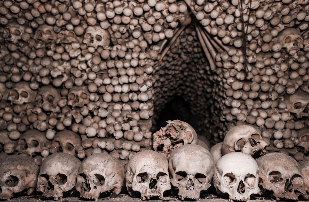 Chilling scene of skulls in a catacomb, conveying a spooky and eerie atmosphere